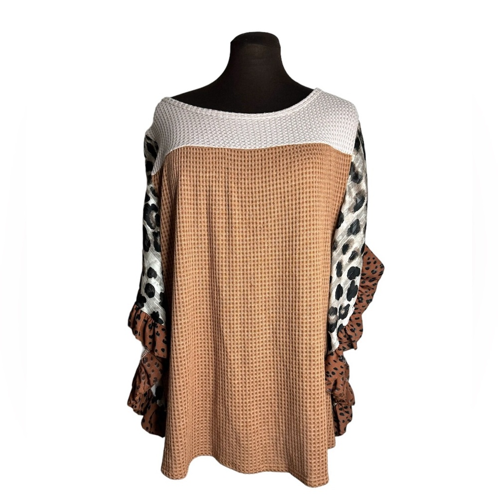 ChicSoul Waffle Pattern Drop Shoulder Animal Print Sleeve Top Plus Size
